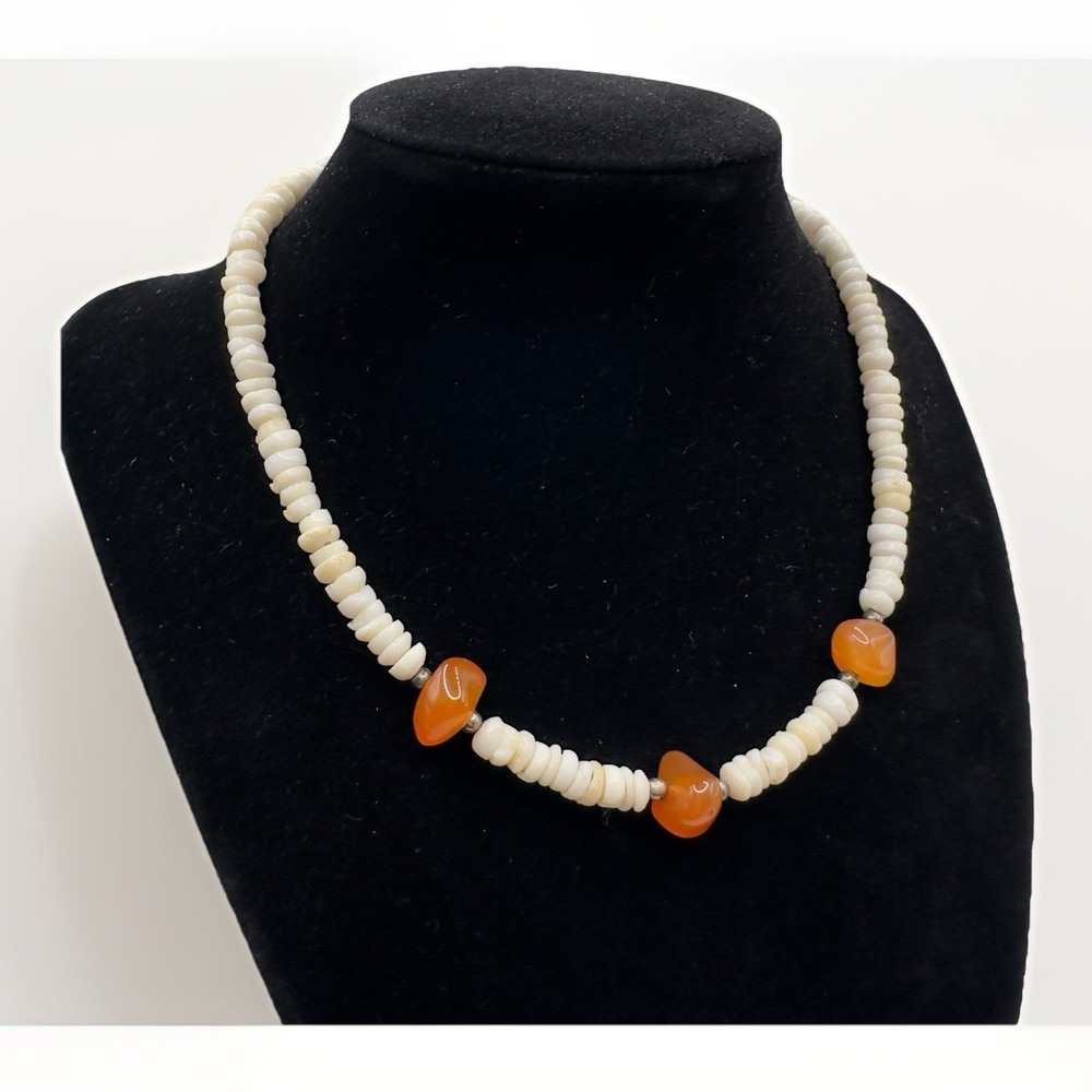 Vintage PUKA Shell Necklace with Carnelian Barrel Clasp 15 in Choker Beachy
